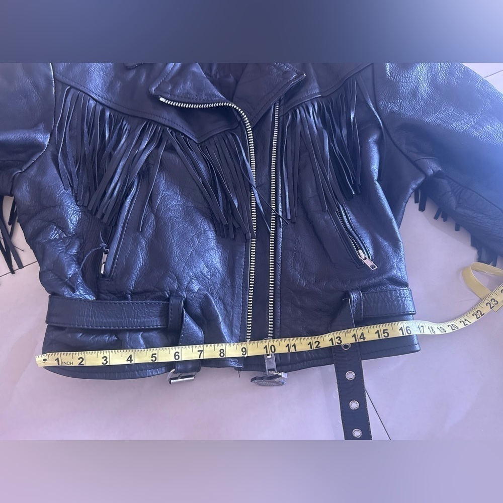 Vintage SHAF Black Leather Biker Jacket Fringe Motor Harley Davidson XL Motorcy - Picture 5 of 15